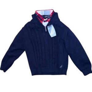 Nautica Boys 2 Piece Red Blue Plaid Shirt & Navy Cable Knit Sweater NWT 24 Mos